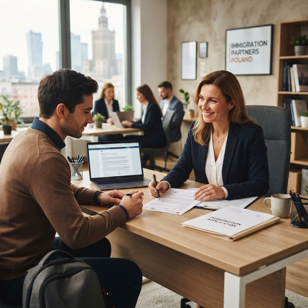 Immigration consultant helping a client with legalization documents in a Warsaw office